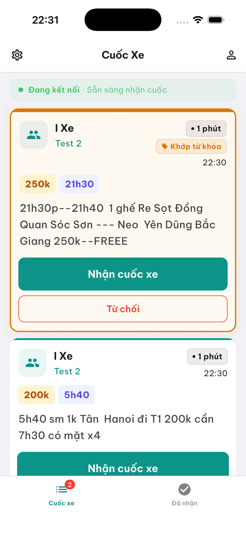 Màn hình app iXe — danh sách cuốc xe tự động từ nhóm Zalo