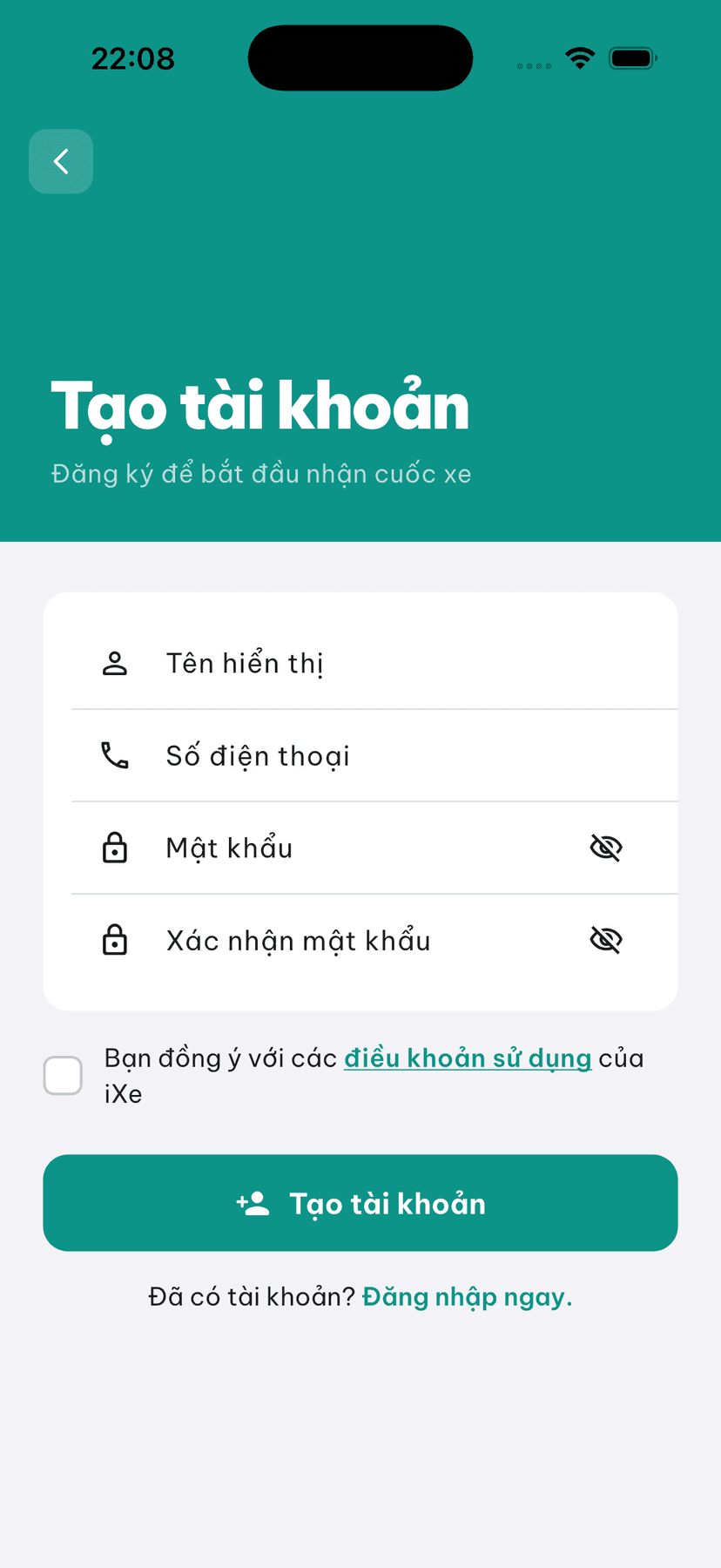 Màn hình đăng ký tài khoản iXe